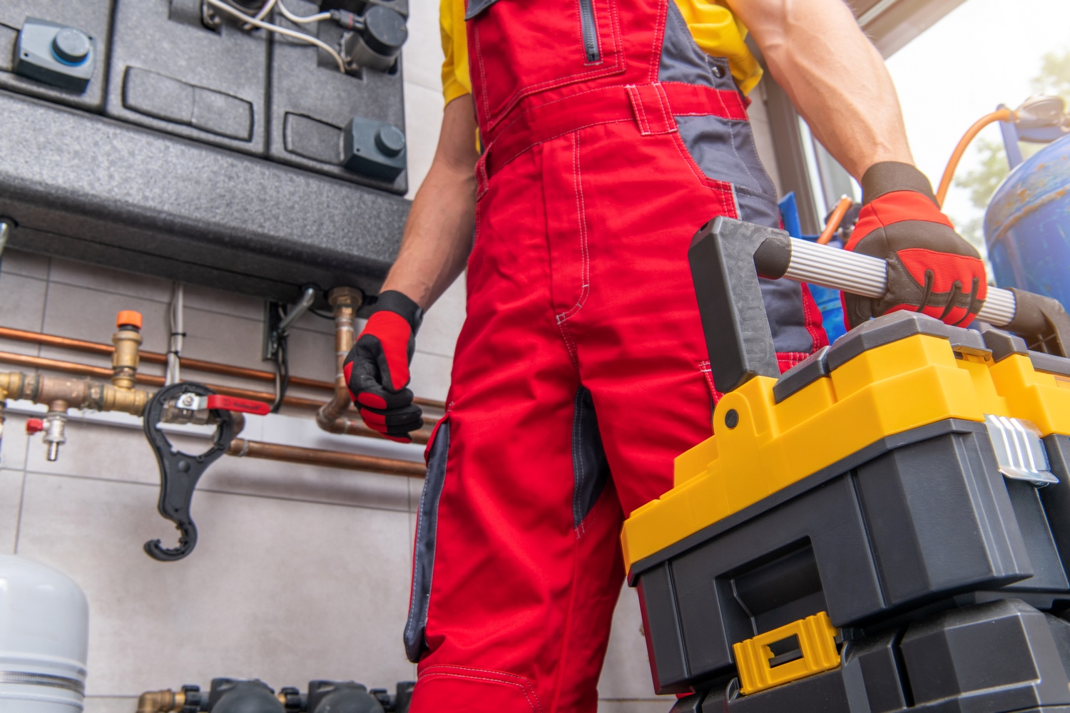 Heating Ventilation and Air Condition Technician with His Toolbox Finishing His Scheduled Maintenance.